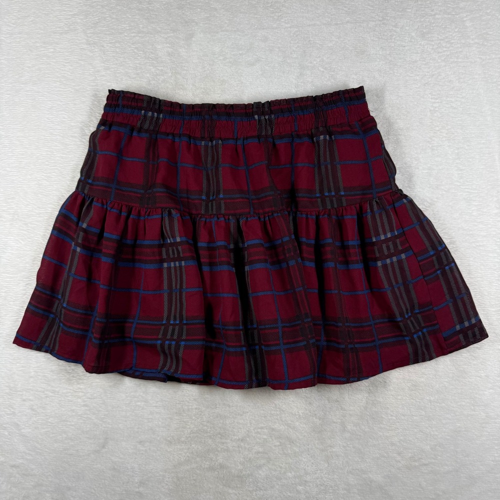 Bongo Burgundy Plaid Tiered Mini Skirt Elastic Waist Lined Size M 885779448365